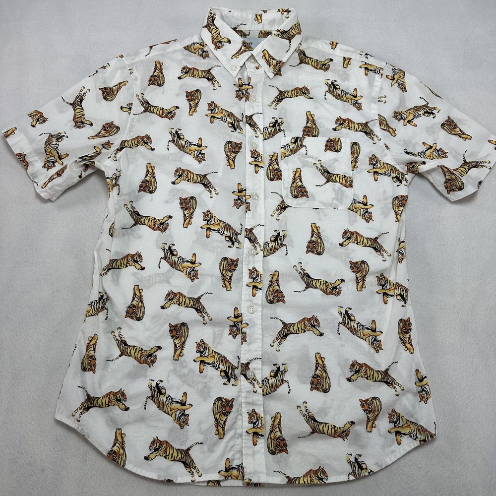Old Navy Shirt Mens Medium Tiger Print Short Sleeve Slim‎ Fit Stretch Button Up